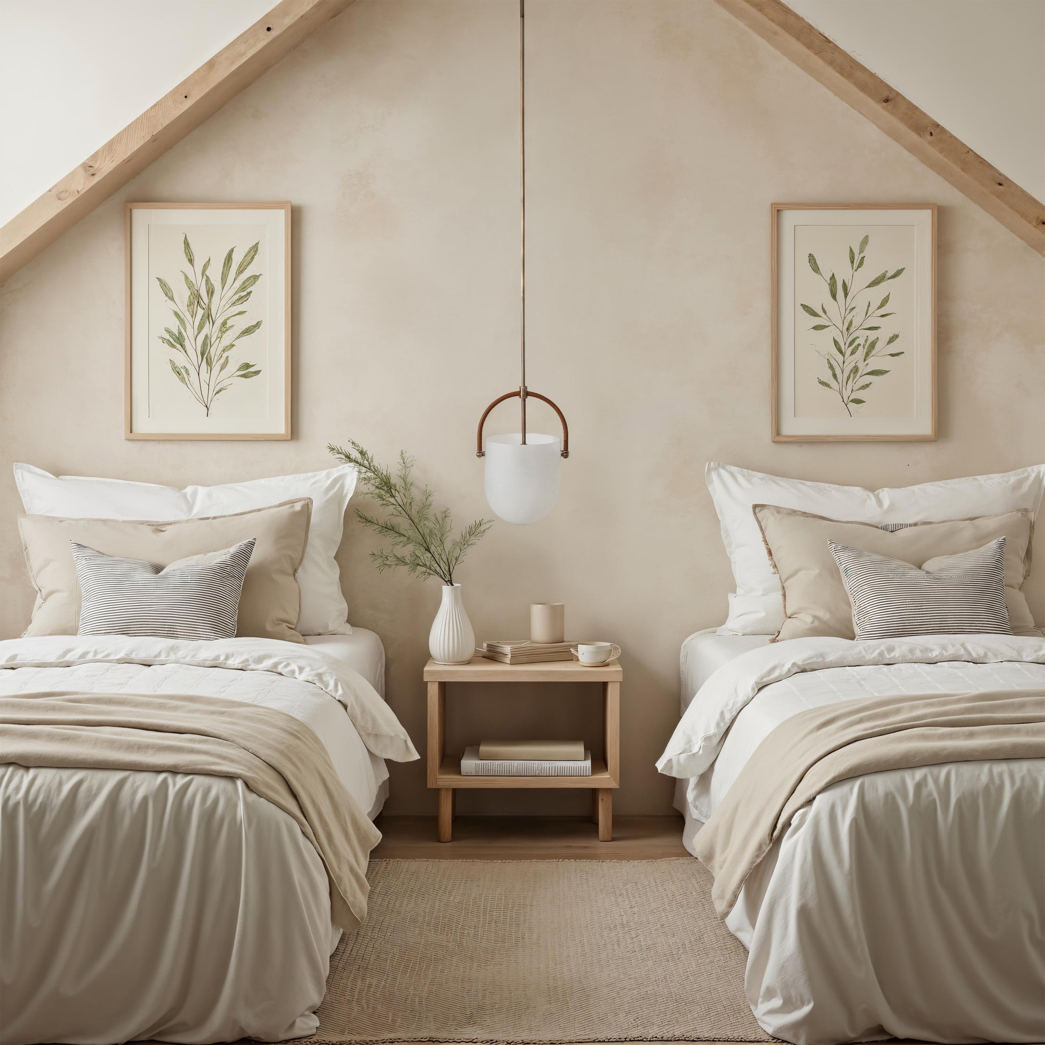 Brillio pendant light in a cozy bedroom setting with neutral decor and natural elements.