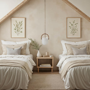 Brillio pendant light in a cozy bedroom setting with neutral decor and natural elements.