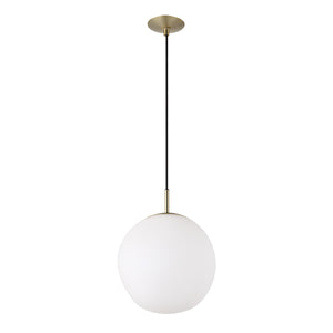Koa ceiling fixture featuring a white glass orb and brass top, hanging from a black cable.