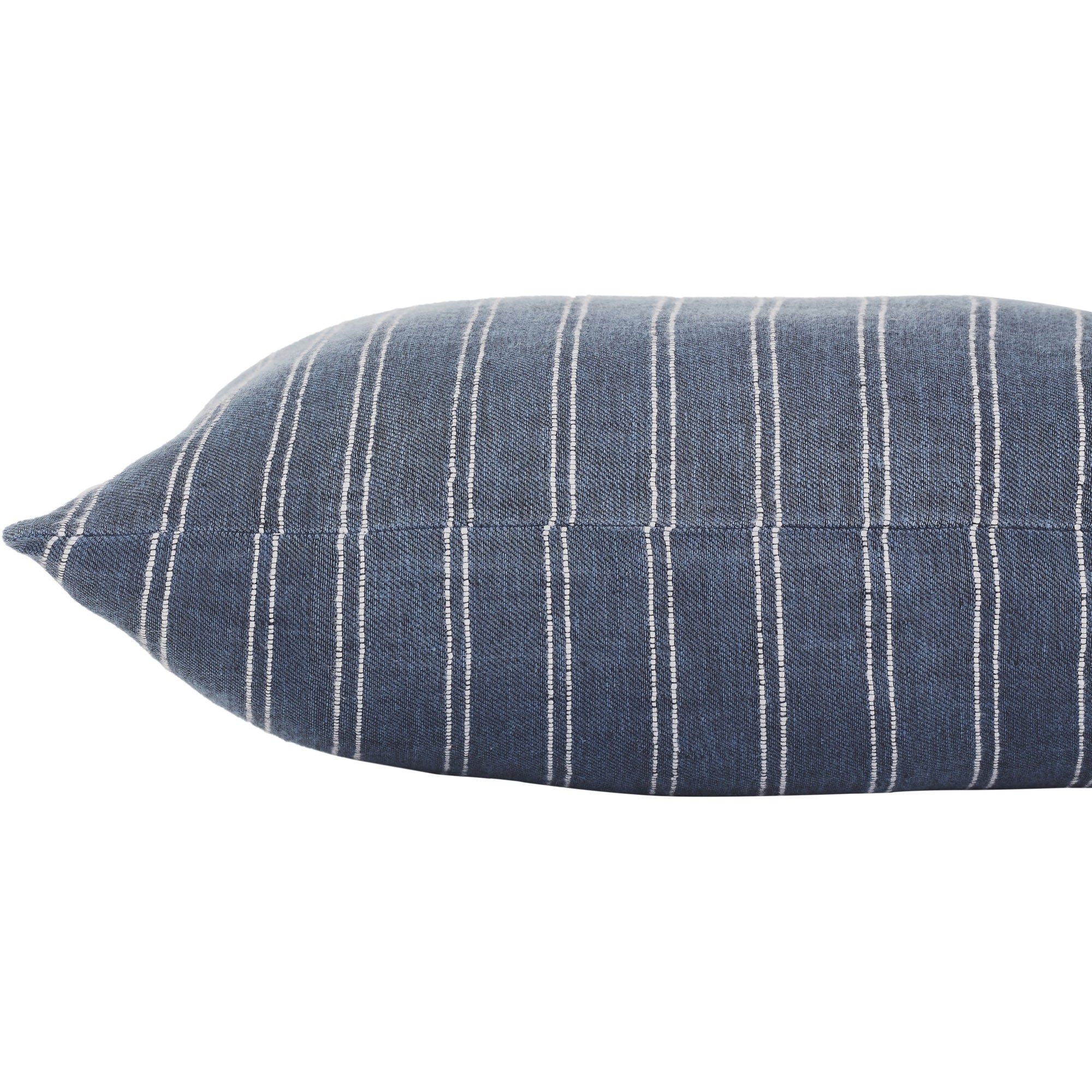 Another side view of Oakley Indoor Pillow, highlighting its dark blue striped design.