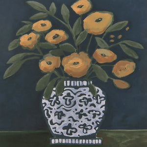 Close-up of Henriette artwork depicting a vase filled with yellow flowers and green leaves