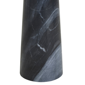 Mercura side table in black marble with striking gray veining, showcasing a sleek conical design.