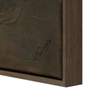 Close-up of Beatrix canvas art showing texture and signature, framed in a wooden border.