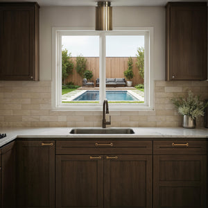 Fenice Flush Mount light installed in a kitchen, illuminating the space with a view of a pool.