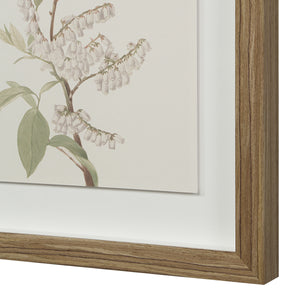Crema canvas art featuring delicate white flowers with green leaves in a natural wood frame.