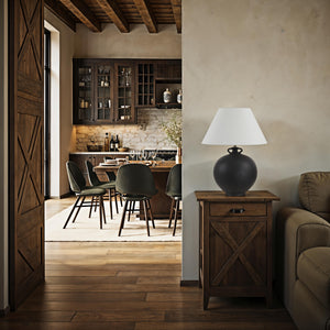 Alicia Table Lamp placed on a wooden side table in a modern kitchen setting