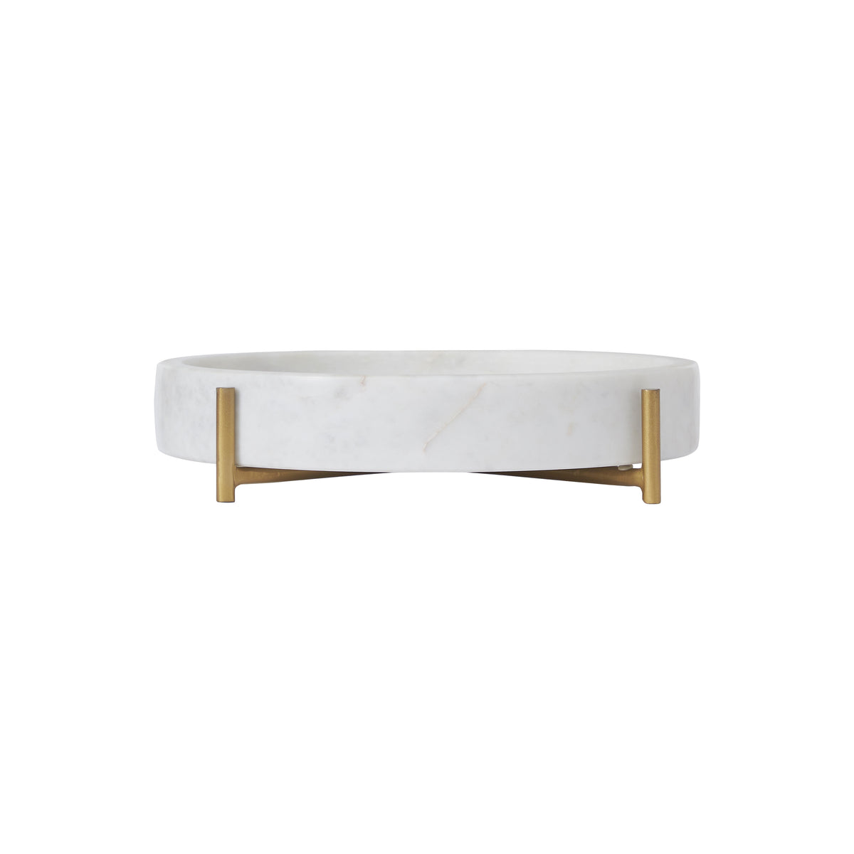 Lingby vase in white marble with gold metal legs, viewed from the side.