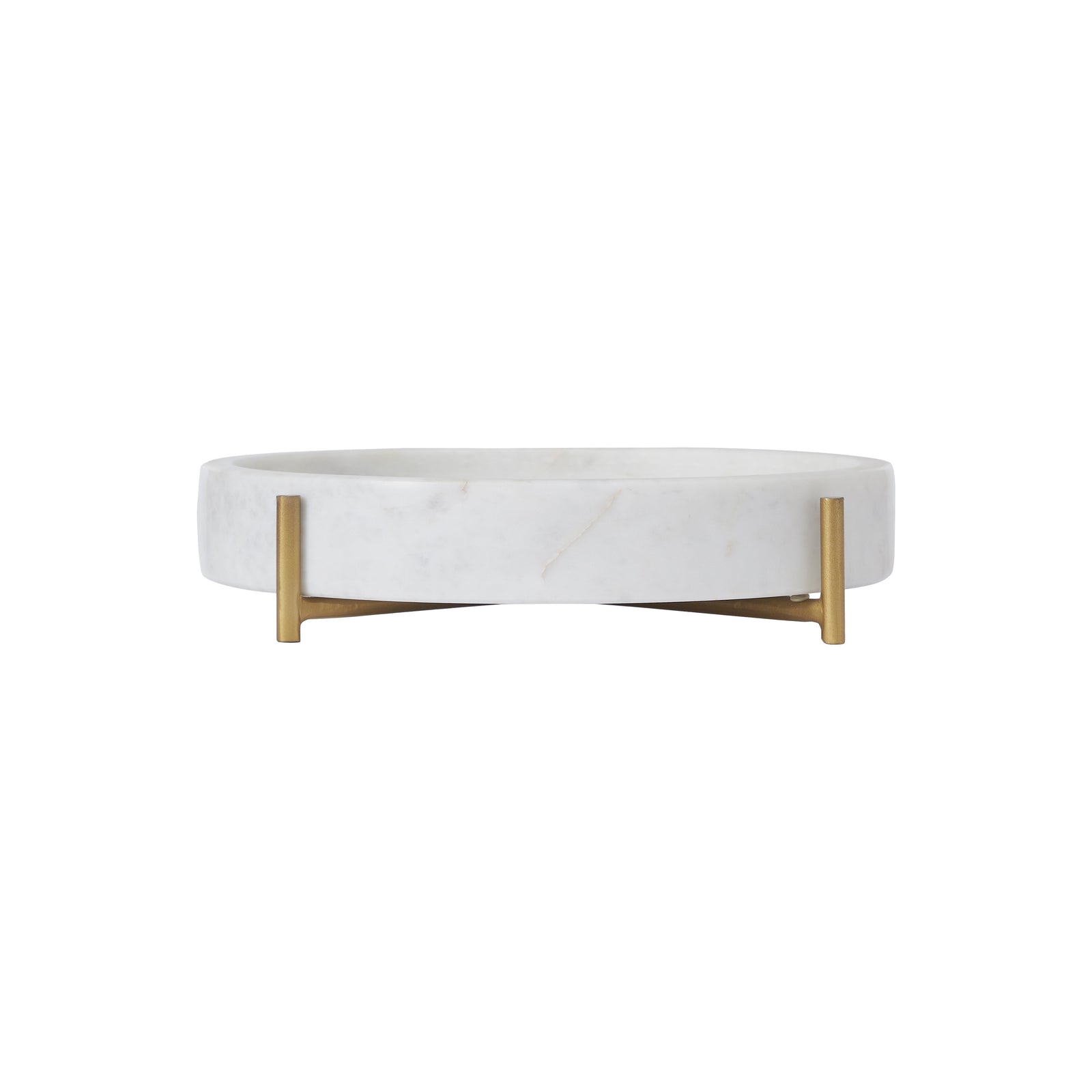 Lingby vase in white marble with gold metal legs, viewed from the side.