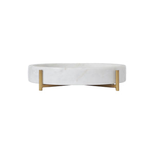 Lingby vase in white marble with gold metal legs, viewed from the side.