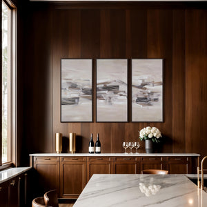 Lux canvas art by Renwil featuring three abstract panels in neutral tones.
