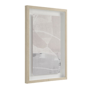 Rovereto Wall Decor at an angle, featuring abstract art in pink and gray, encased in light wood frame.