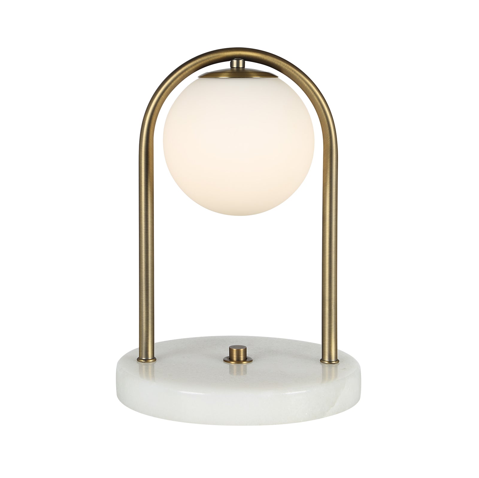 Barca table lamp with a frosted globe and brass arch, set on a white marble base.