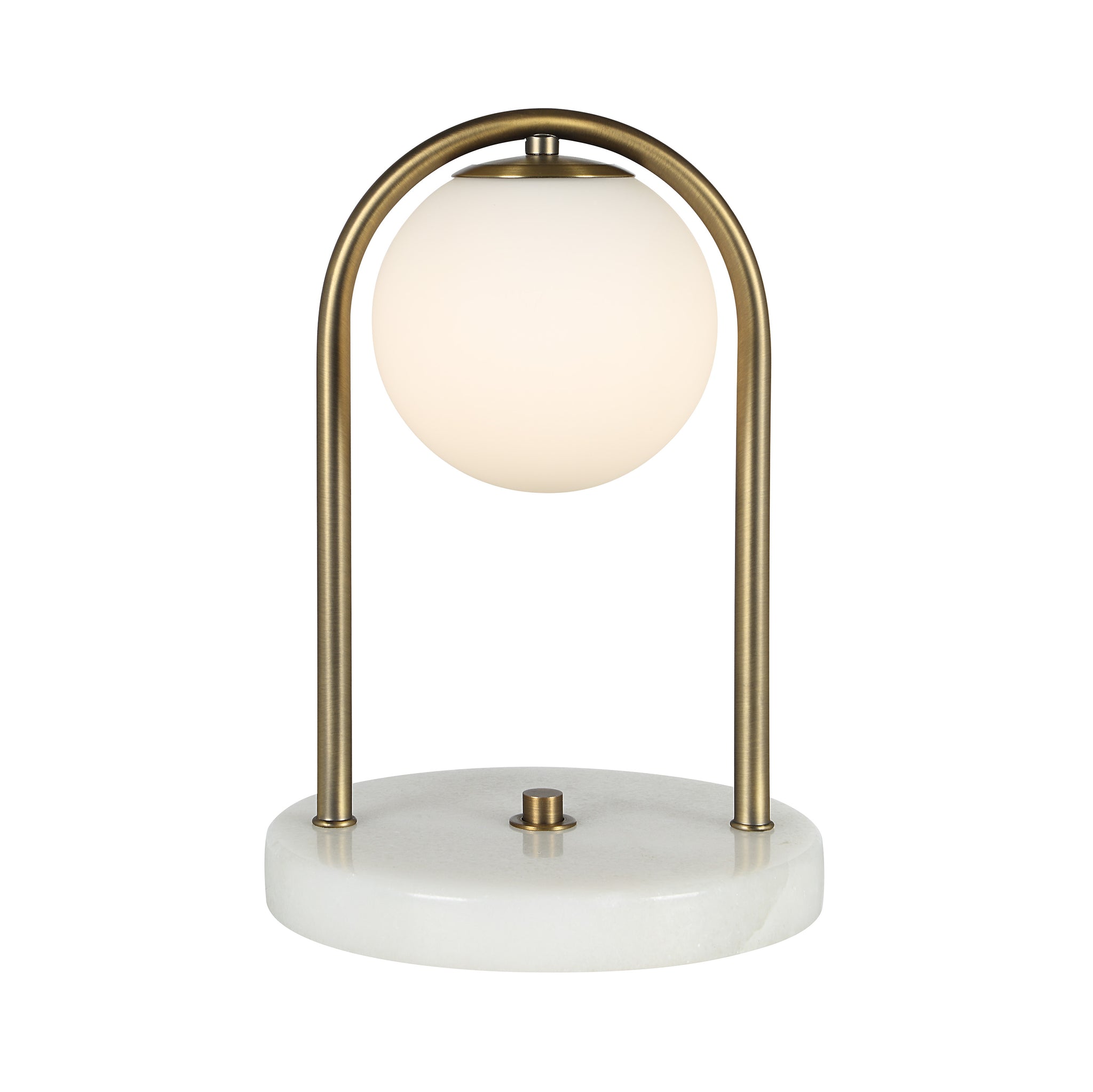 Barca table lamp featuring an illuminated frosted globe and brass arch on a white marble base.