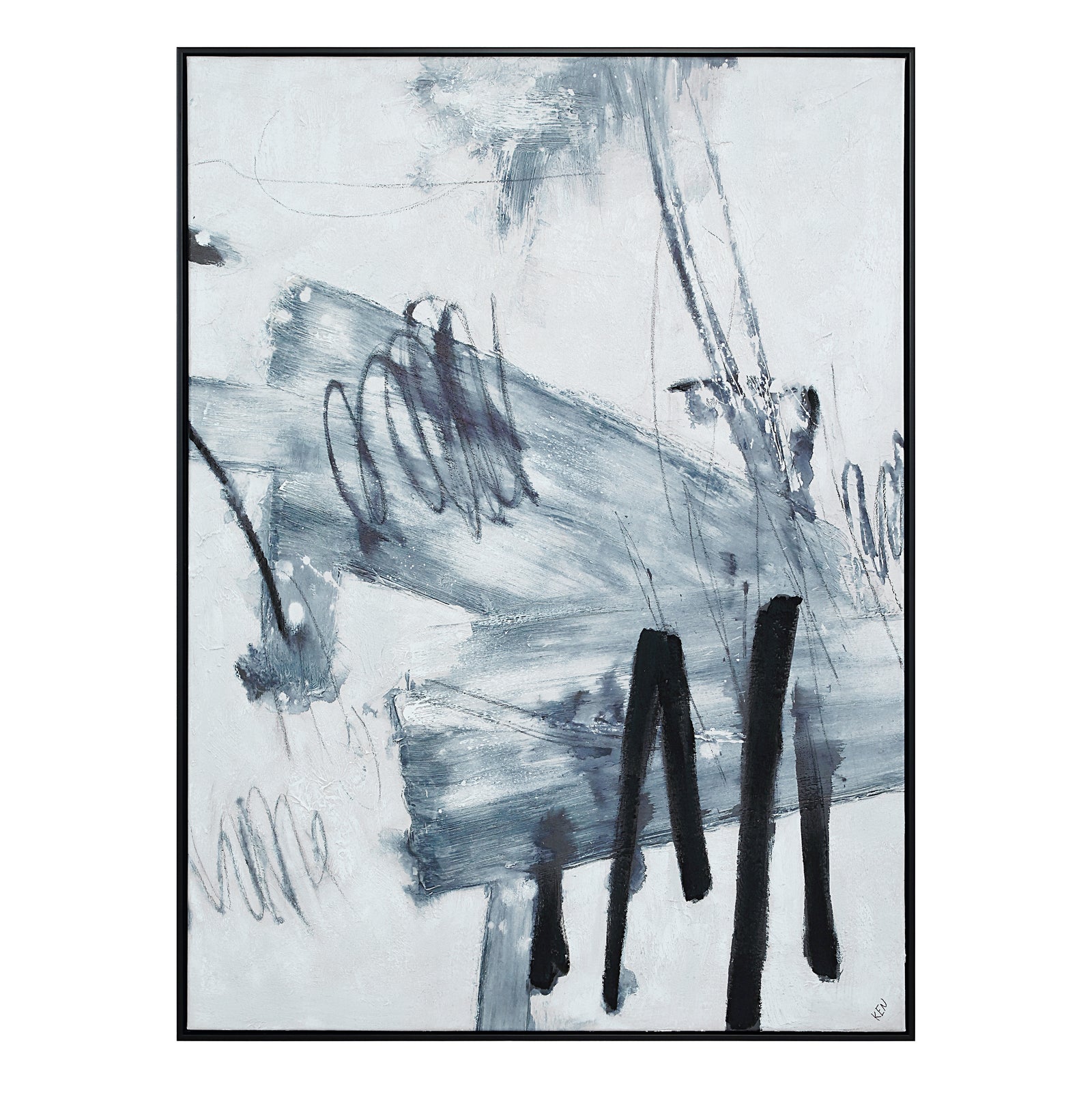 Senso canvas art featuring abstract blue and gray brush strokes with black lines.