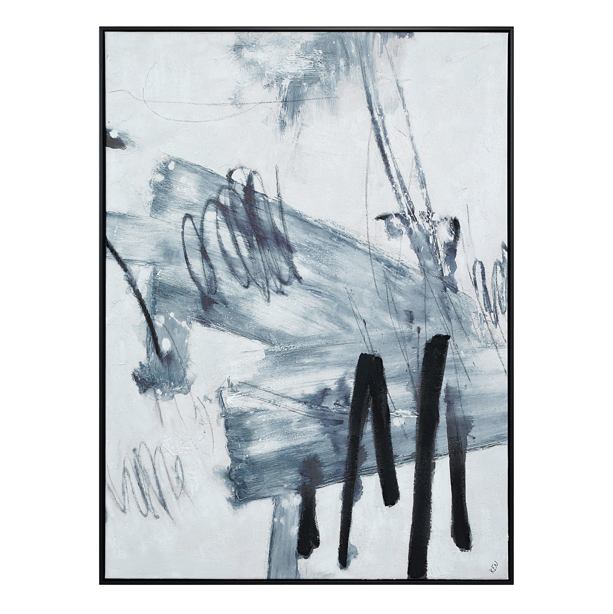 Senso canvas art featuring abstract blue and gray brush strokes with black lines.