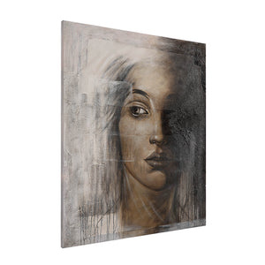 Cassandra Canvas Art side view showcasing a woman's face with a textured gray background.