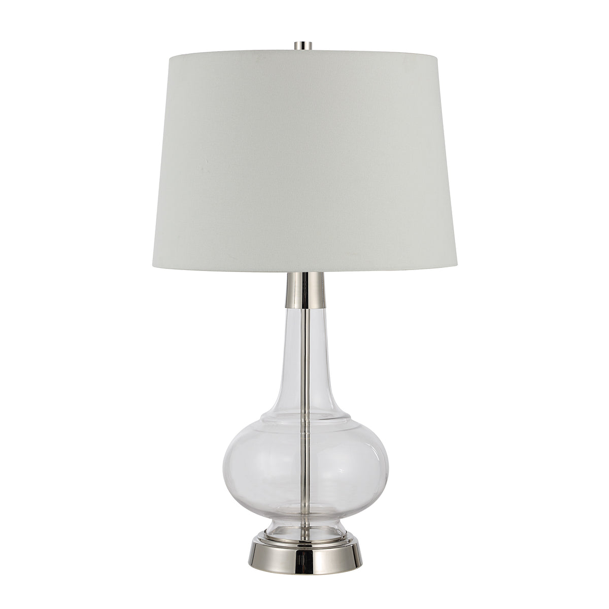 Lya Table Lamp with a clear glass base and white fabric shade, featuring a polished metal accent.