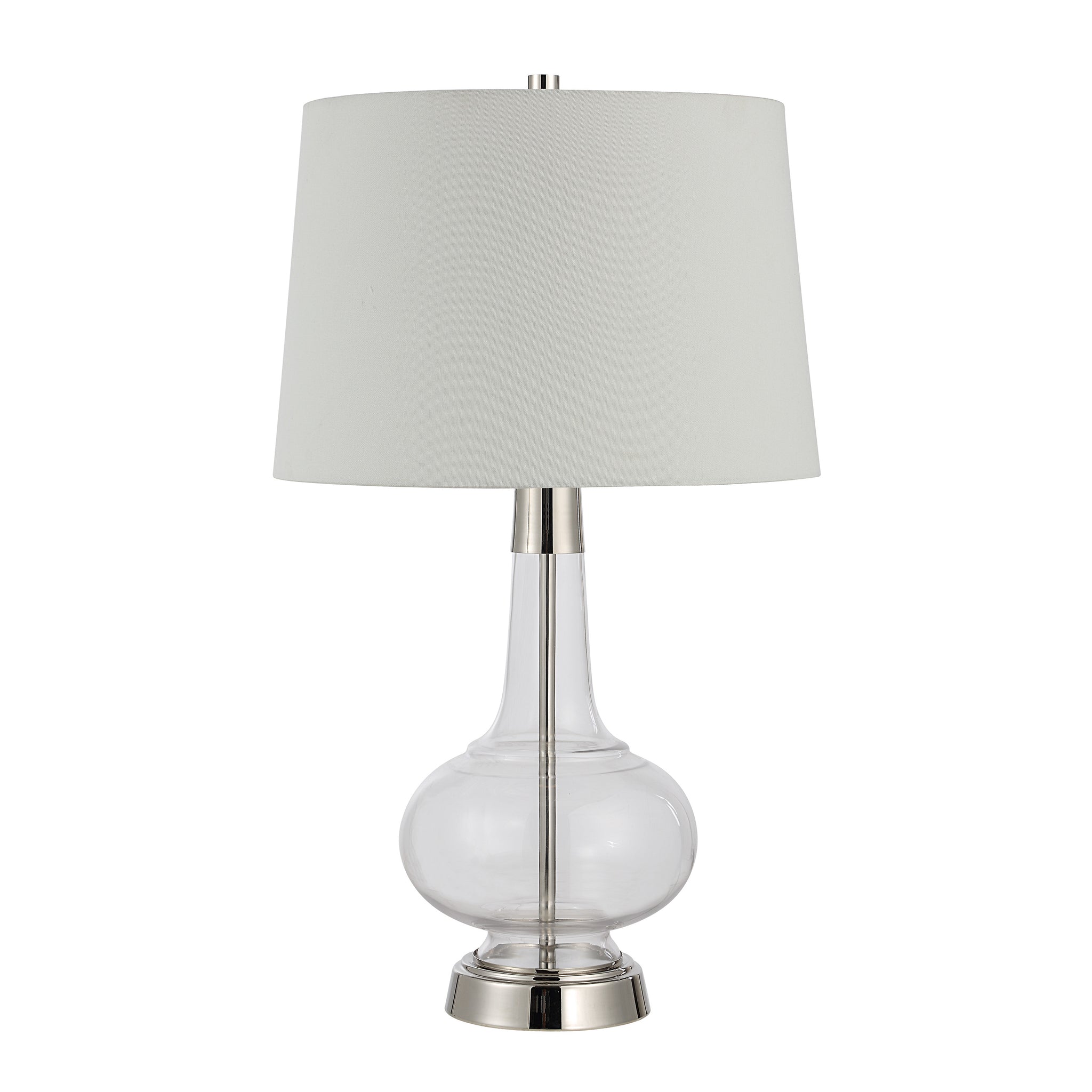 Lya Table Lamp with a clear glass base and white fabric shade, featuring a polished metal accent.