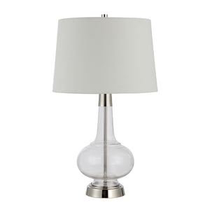 Lya Table Lamp with a clear glass base and white fabric shade, featuring a polished metal accent.