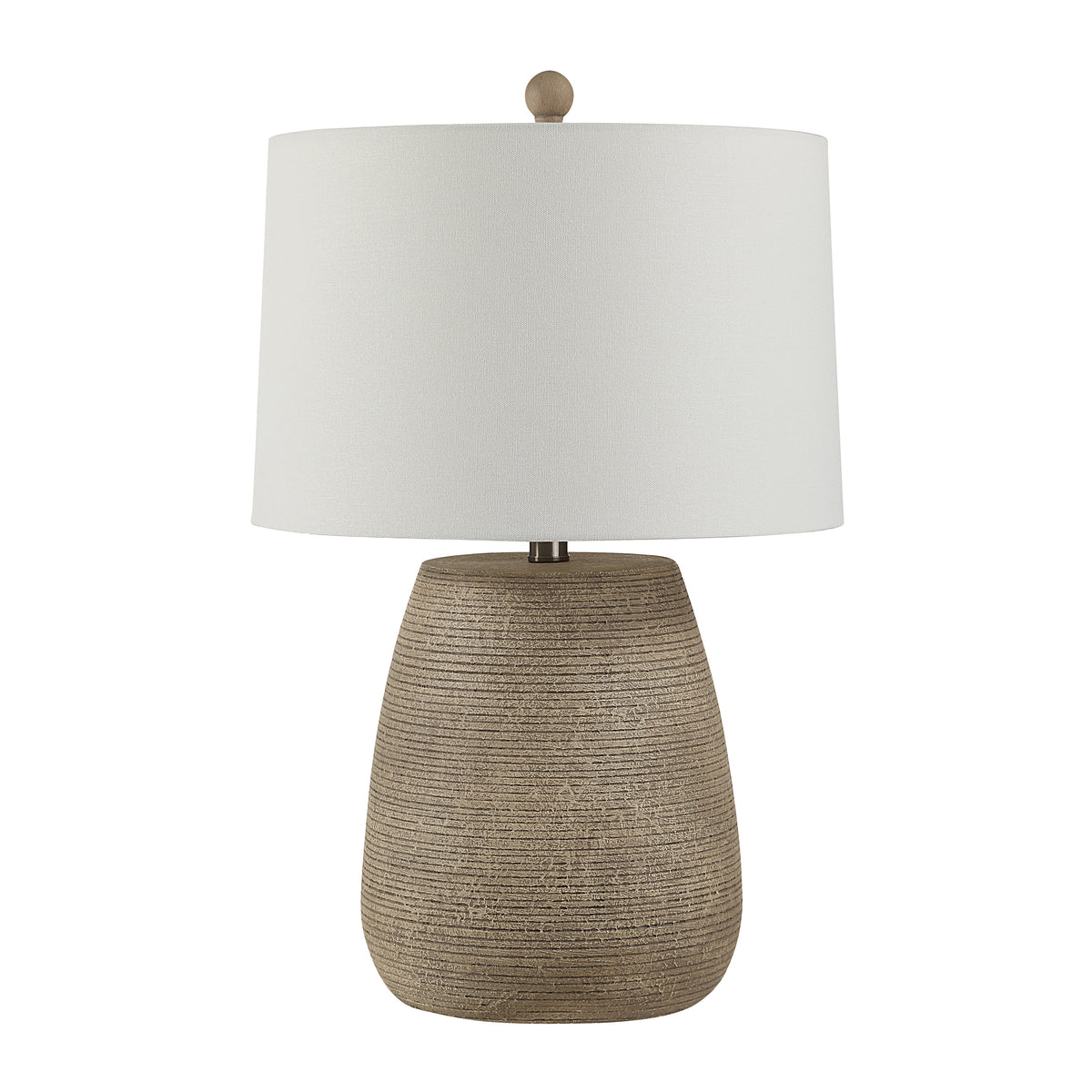 Optima table lamp with a textured beige base and white fabric shade.