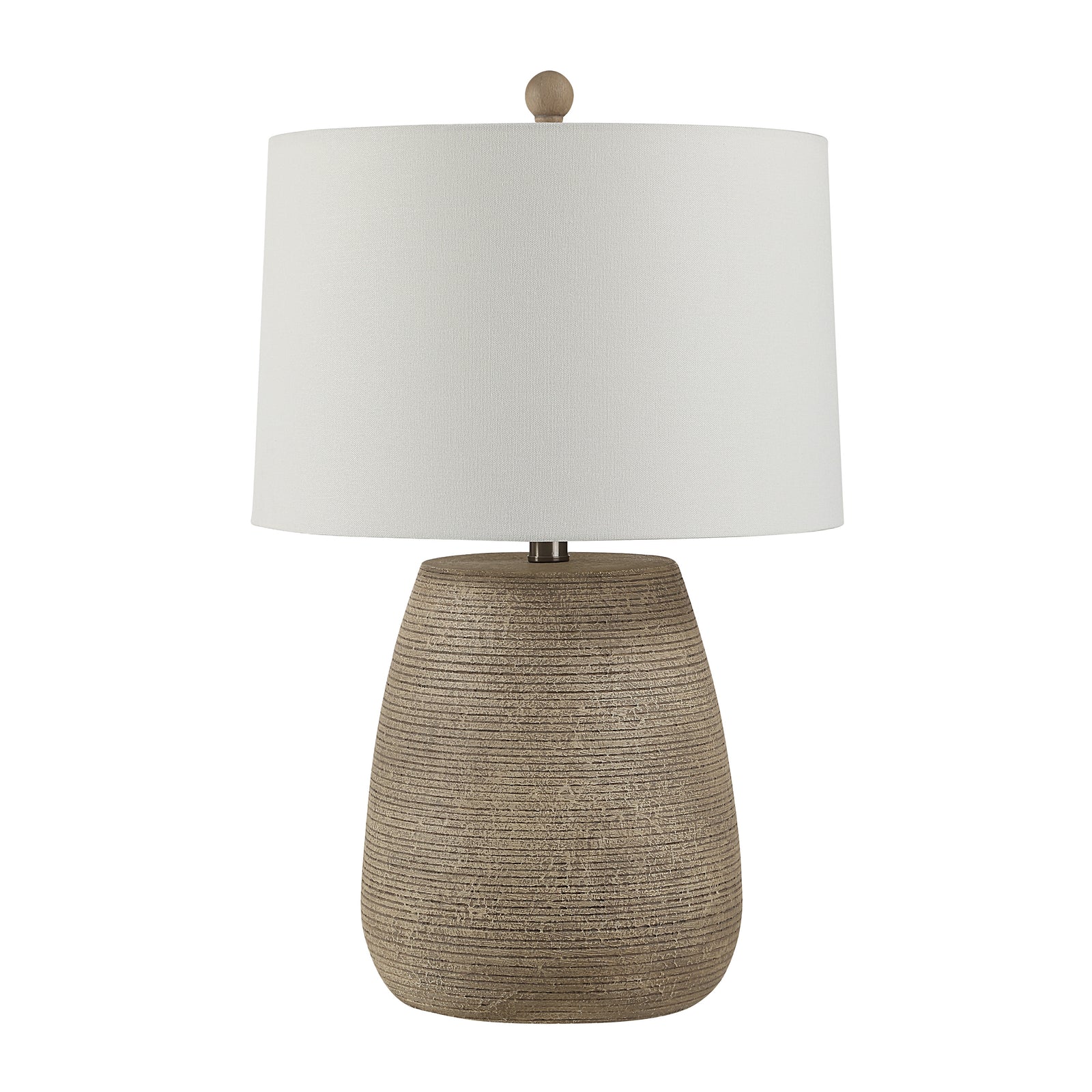 Optima table lamp with a textured beige base and white fabric shade.