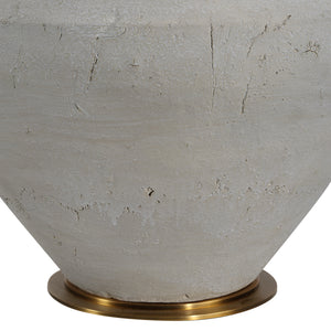 Close-up of Iulia Table Lamp's gray ceramic base with a gold metal base