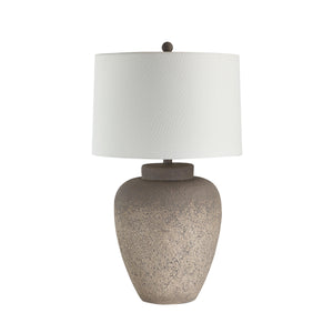 Lattuga table lamp with a textured brown ceramic base and white fabric shade
