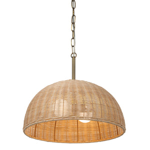 Ciara pendant light with a woven rattan shade, illuminated from within, showcasing a warm glow.