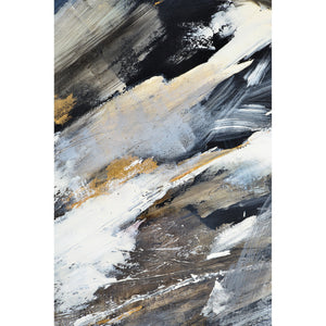 Close-up of Westmount canvas art displaying textured abstract strokes in black, white, and gold.