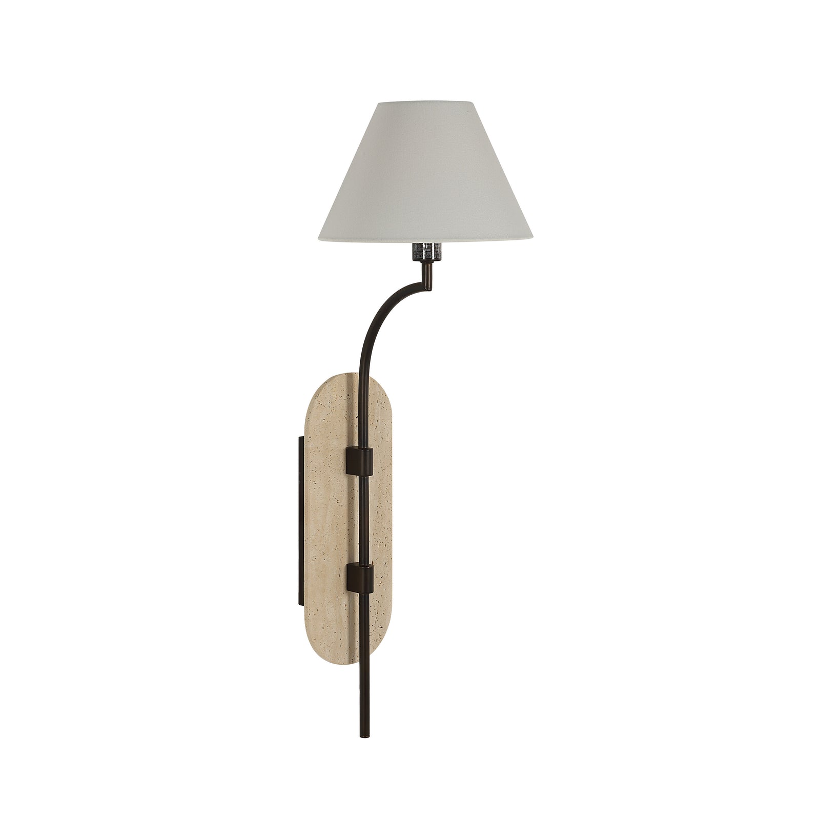 Acca Wall Sconce with a beige stone backplate and a white fabric shade
