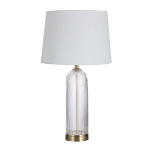 Single Ocala Table Lamp featuring a clear ribbed glass base and white shade