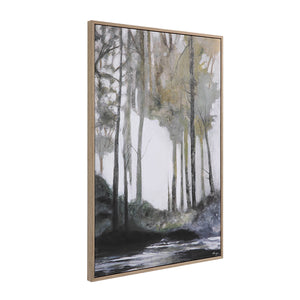Catania canvas art displayed at an angle, showcasing a forest landscape in soft greys and greens.