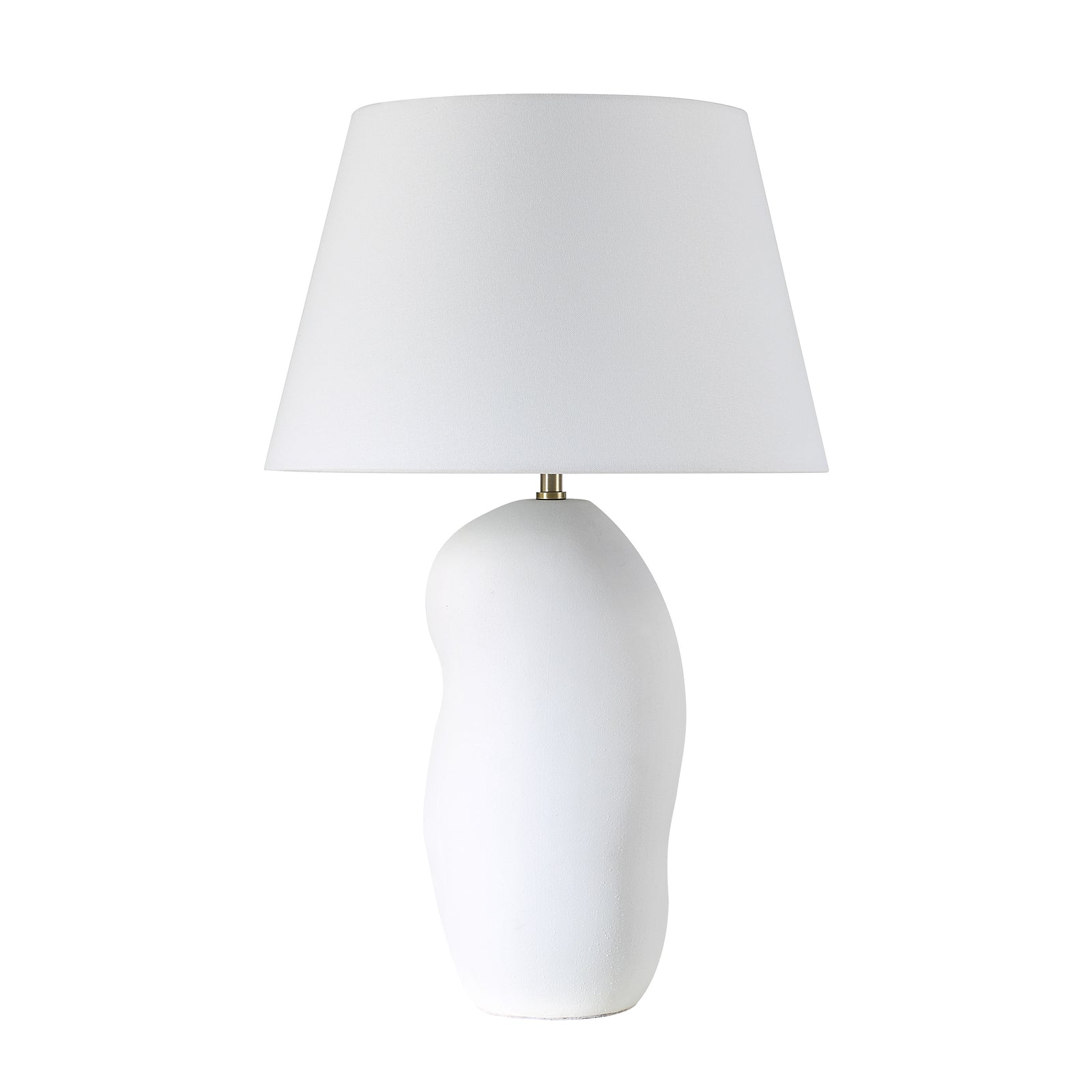 Katya Table Lamp with a white textured base and a white fabric shade.