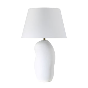 Katya Table Lamp with a white textured base and a white fabric shade.