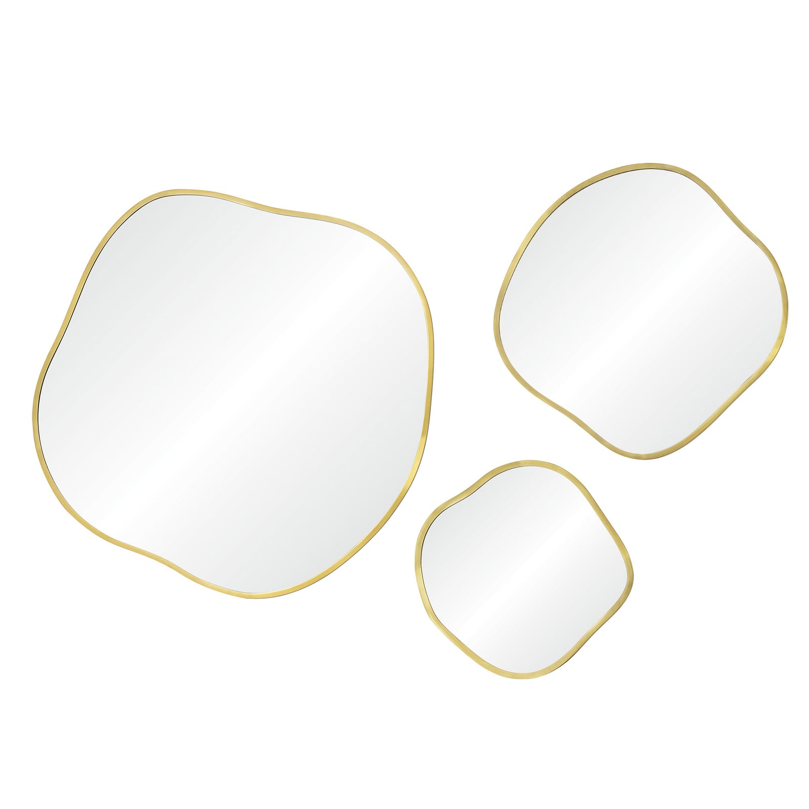 Nucleus Wall Mirror set with three organic-shaped mirrors featuring gold frames.
