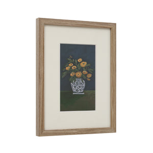 Henriette framed artwork showing a side view of a vase with yellow flowers against a dark backdrop