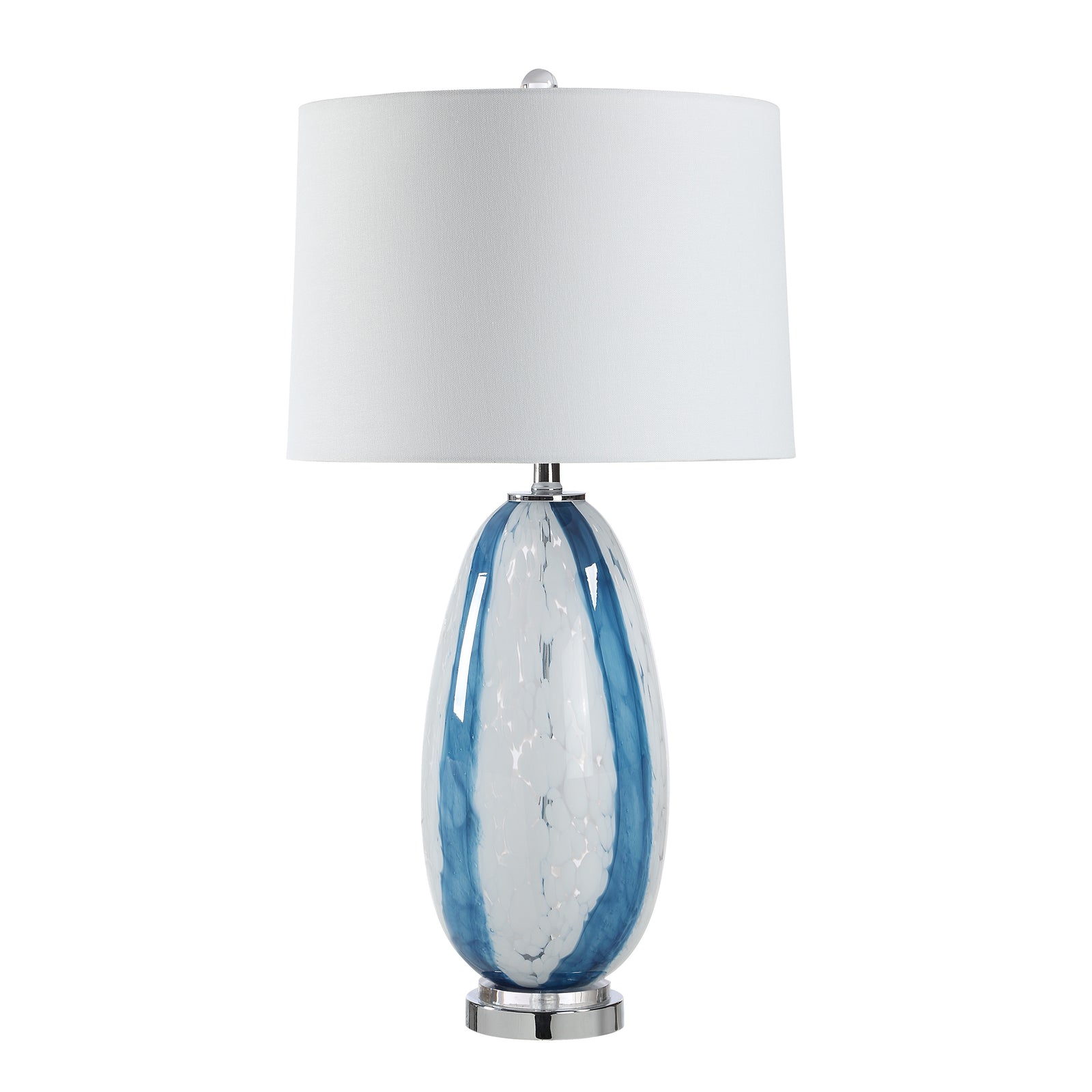 Solis Table Lamp with a white shade and blue glass base, featuring a chrome accent.