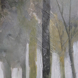 Catania, abstract canvas art featuring trees in shades of gray, green, and white with textured brush strokes.