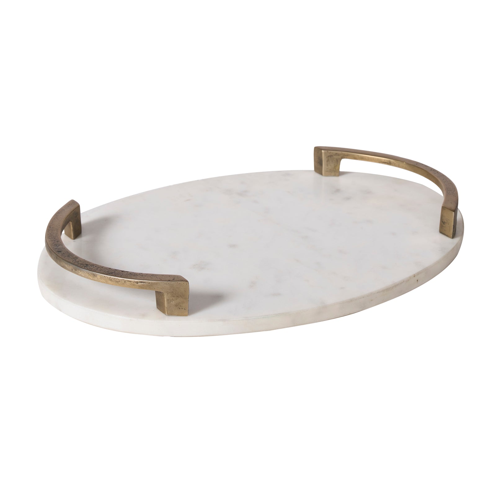 Bianca vase with a round white marble base and bronze handles, viewed from the side.