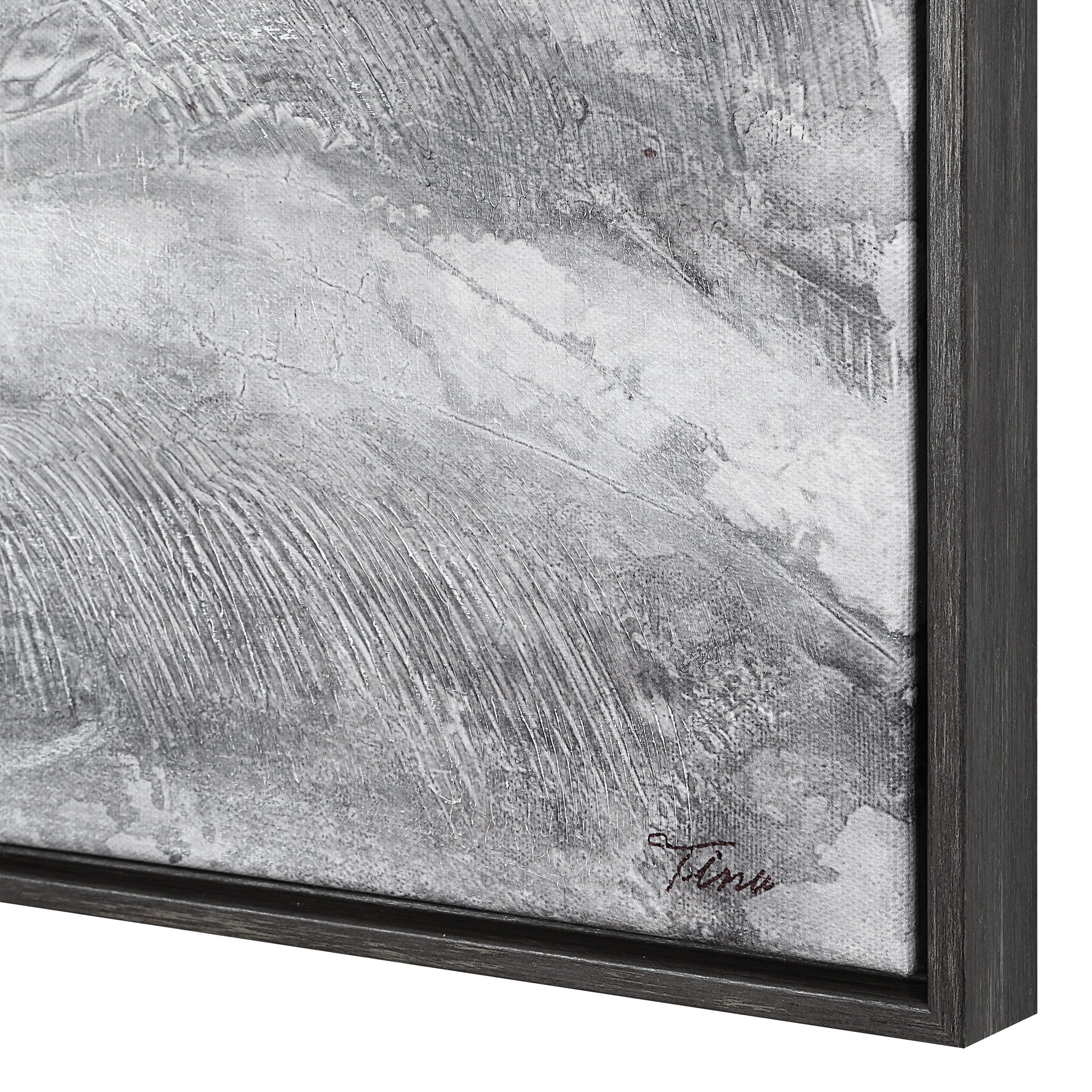Close-up of Romi canvas art showing detailed gray texture and signature on the edge.