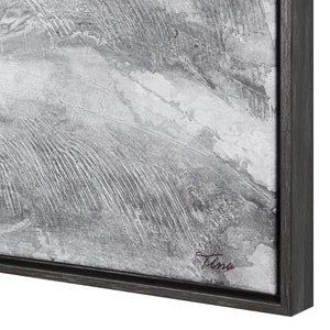 Close-up of Romi canvas art showing detailed gray texture and signature on the edge.