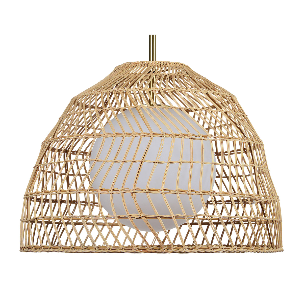 Palm Ceiling Fixture with woven rattan shade and white globe light, top view.
