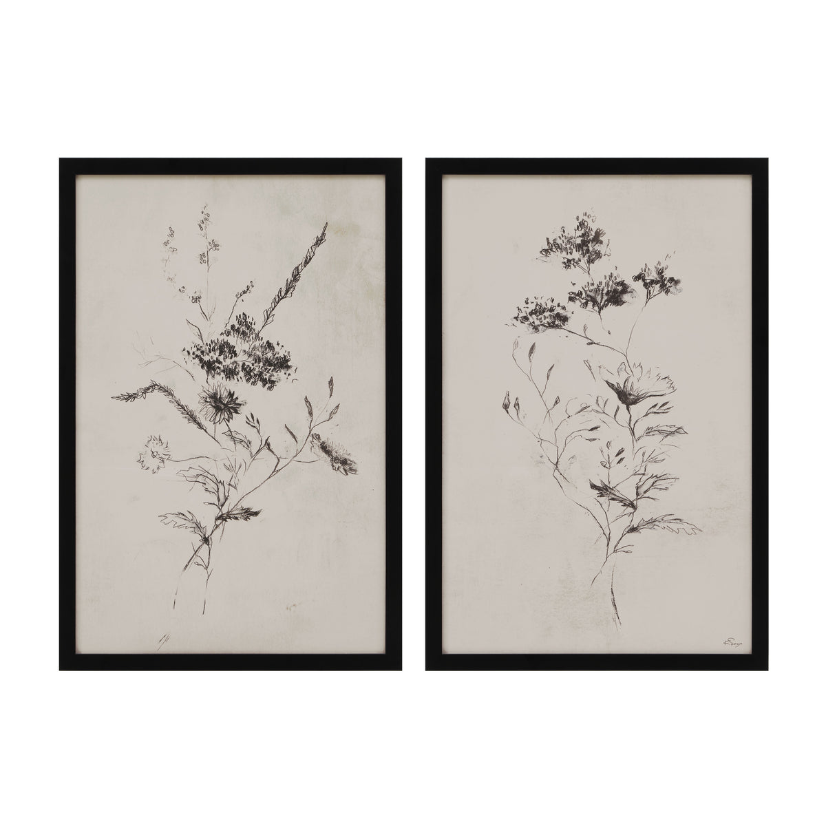 Adeline artwork featuring two floral sketches in black on a beige background, framed in black.