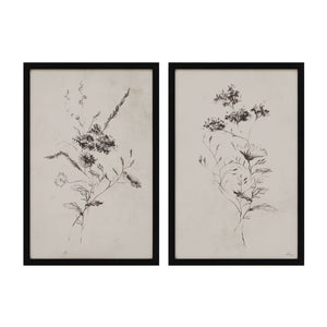 Adeline artwork featuring two floral sketches in black on a beige background, framed in black.