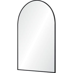 Waren Wall Mirror featuring a black frame, arched design, viewed at an angle.