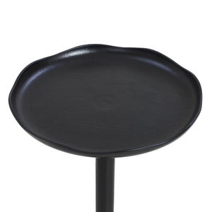 Fiora black side table with a textured round top and a sleek, minimalistic design.