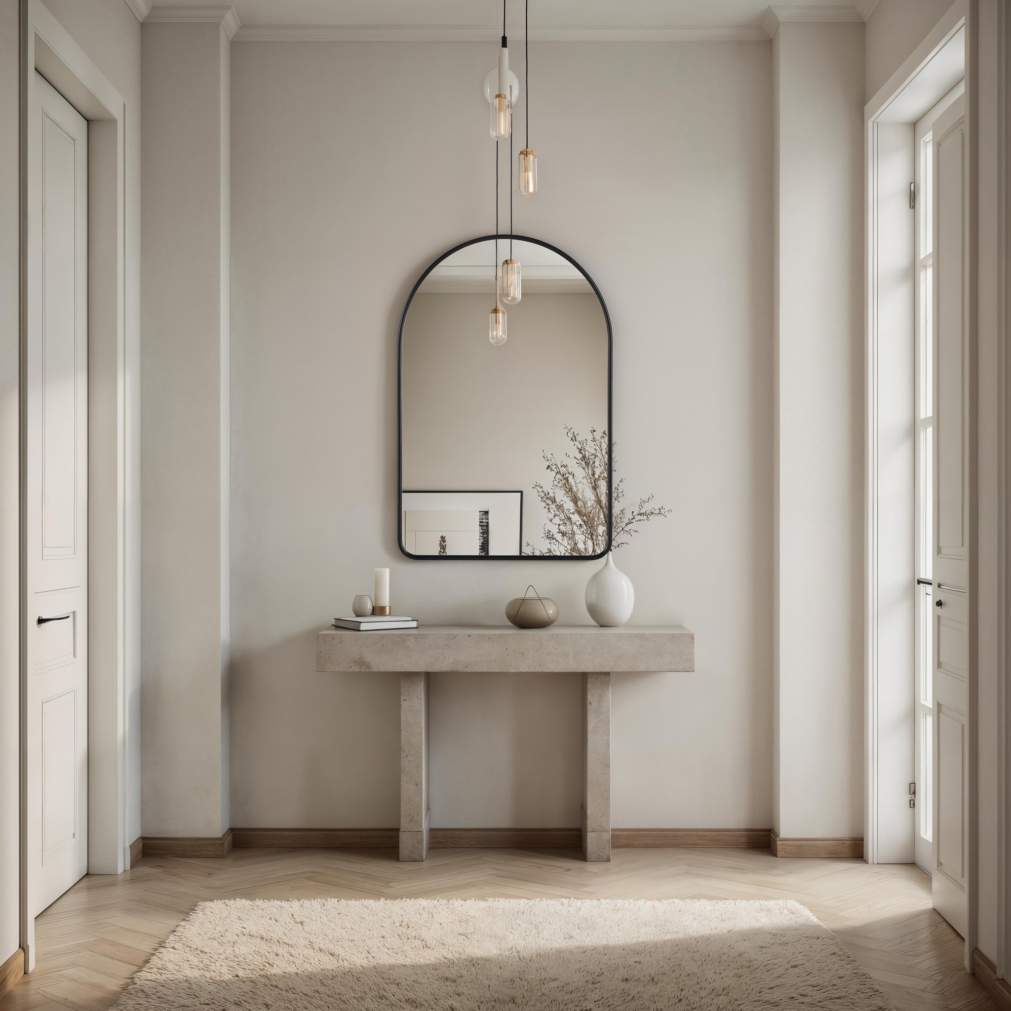 Cascais mirror with a black frame above a light stone console table in a modern entryway, featuring soft lighting and decorative vases.