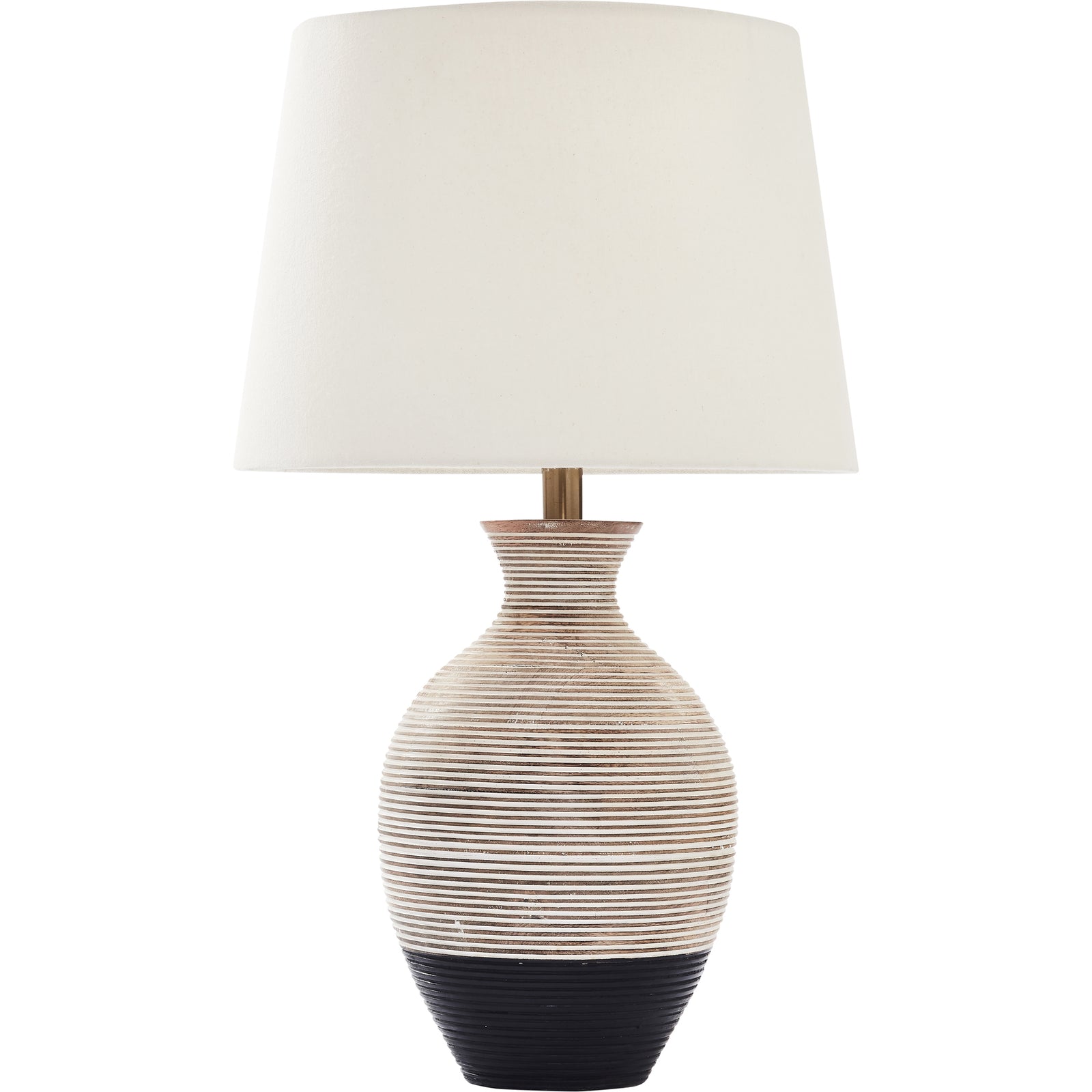 Ignacio Table Lamp with a striped ceramic base in beige and black, topped with a white fabric shade.