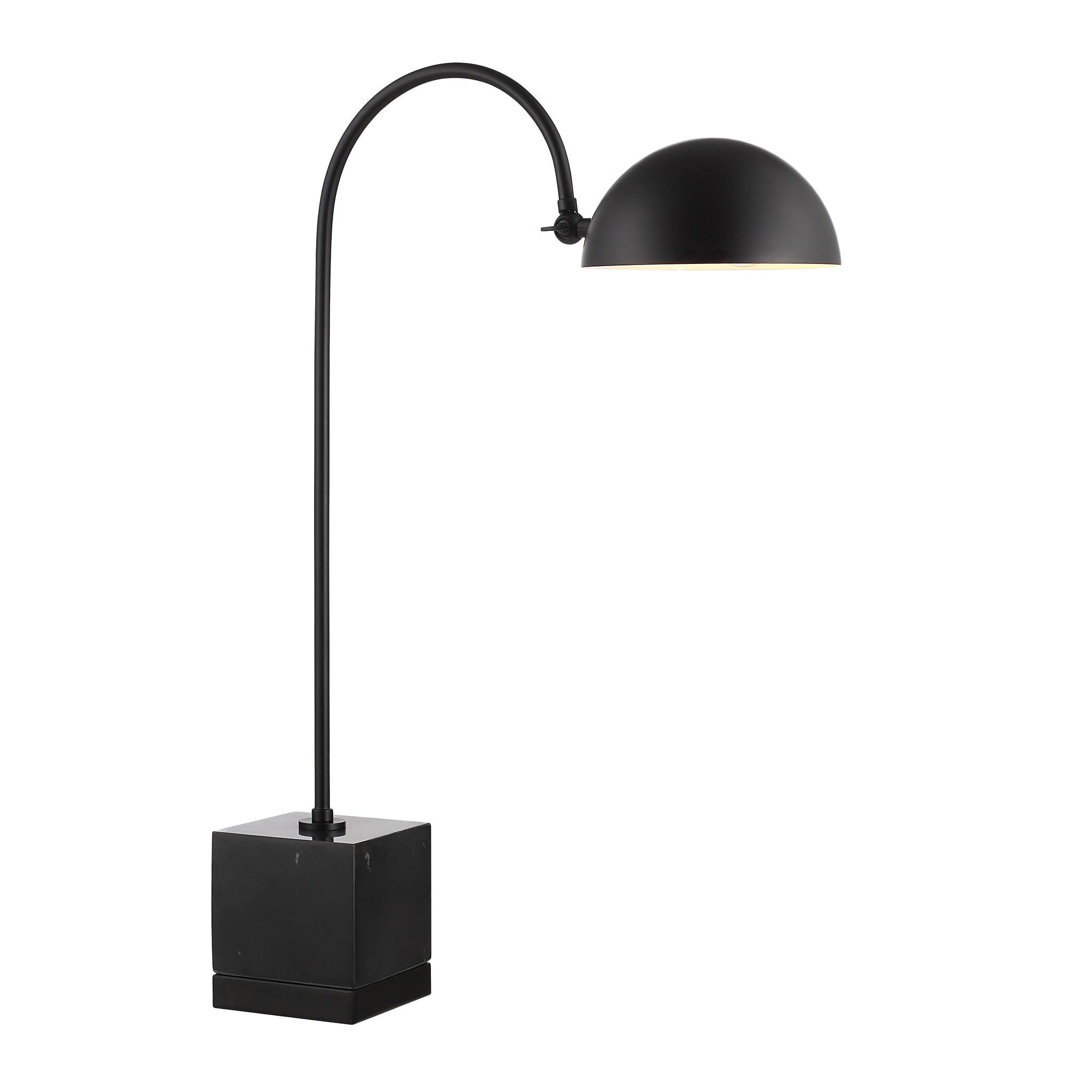 Sansia Table Lamp featuring a curved arm and black dome shade.