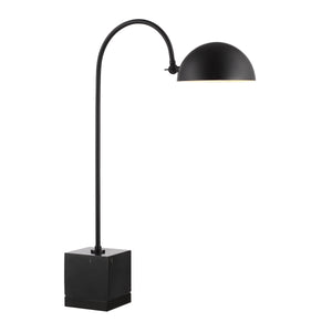 Sansia Table Lamp featuring a curved arm and black dome shade.